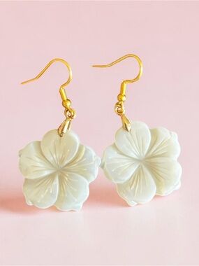 Gold Hook White Flower Dangle Earrings - Elegant Floral Jewelry